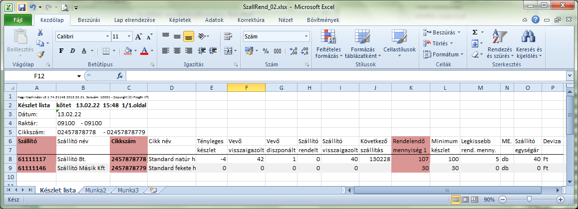 Excelbe konvertált szállítórendelés javaslat