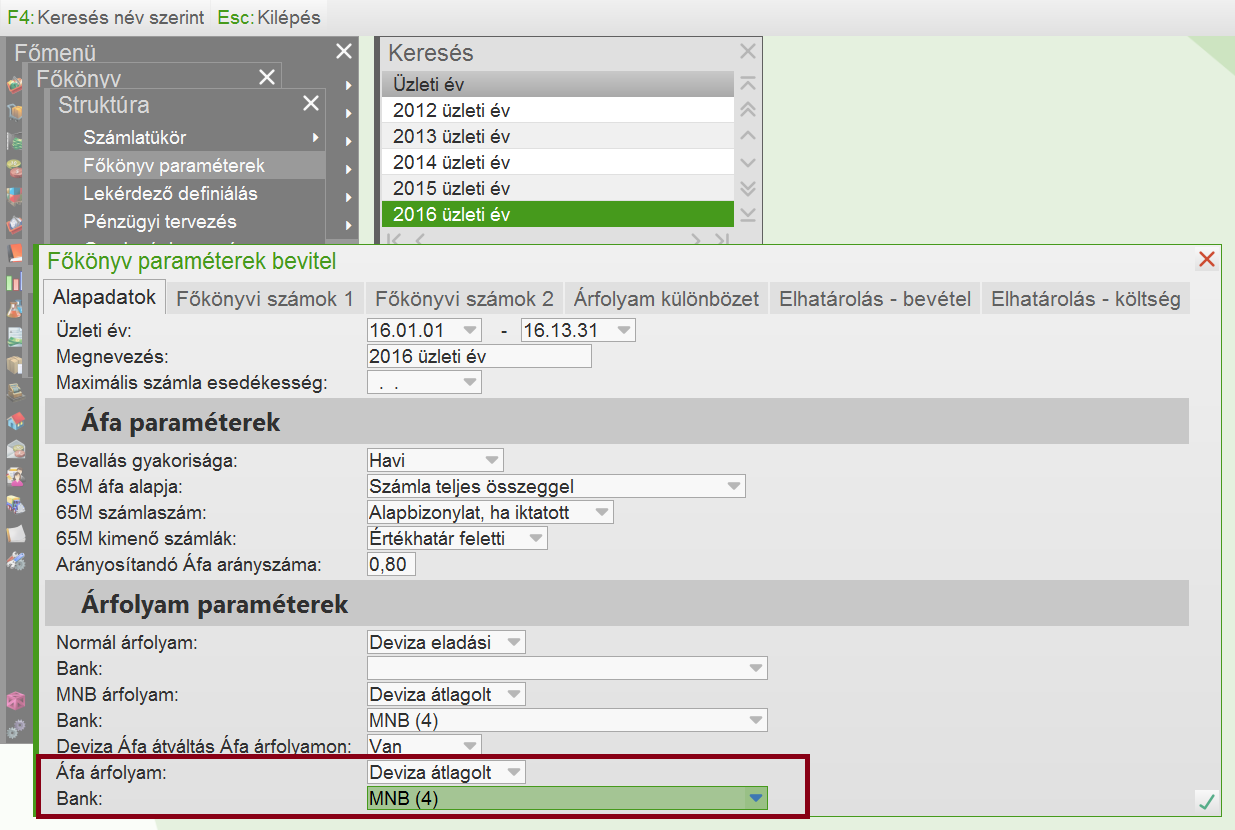 Főkönyvparaméterekben az áfaárfolyam beállítása