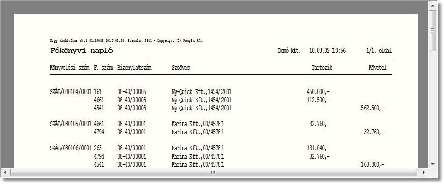 Főkönyvi napló listakép
