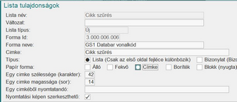 Címke forma listatulajdonságai