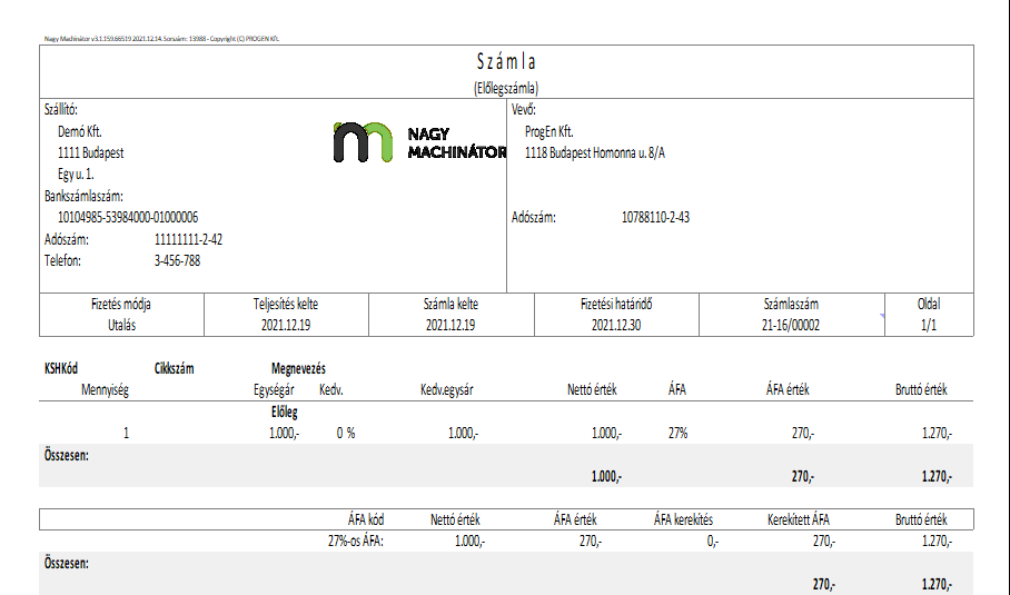 Előlegszámla nyomtatása