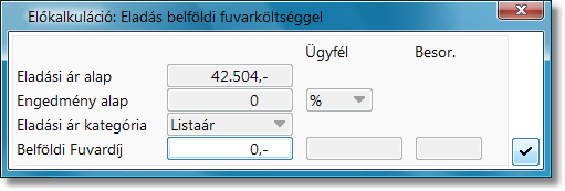 Értékesítés szállítólevél - Előkalkuláció ablak