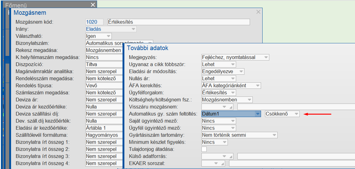 Automatikus gyártási szám feltöltéshez szükséges paraméterezés a mozgásnemben