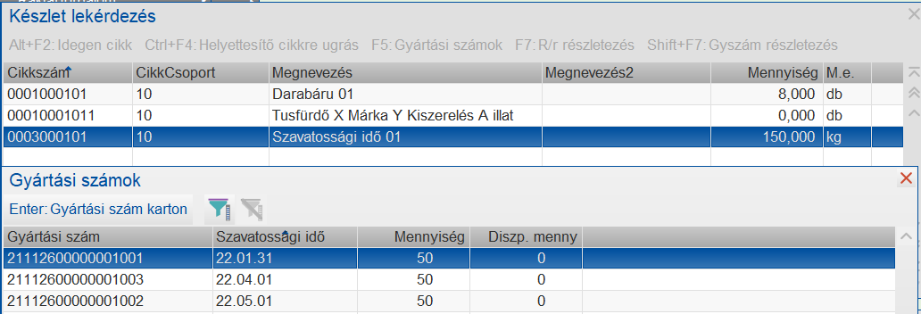 Kitárolás előtti készlet mennyiség szavatossági idő szerinti bontásban