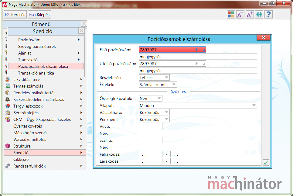 Pózícióelszámolás lista beviteli ablaka