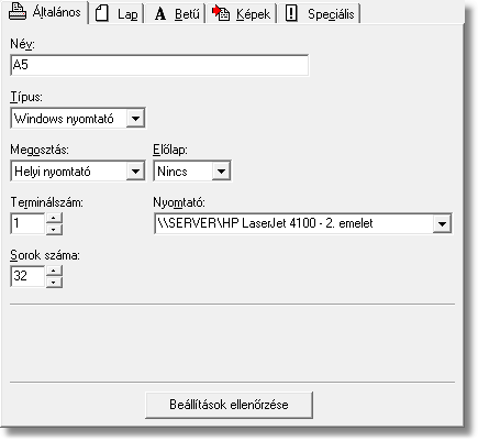 A5 nyomtató Általános fül