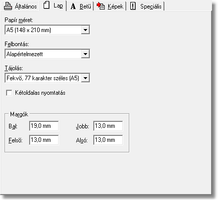 A5 nyomtató Lap fül