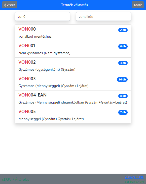 A termék választás fülön választhatunk termék kód/név alapján, termék vonalkód és GS1 vonalkód alapján is