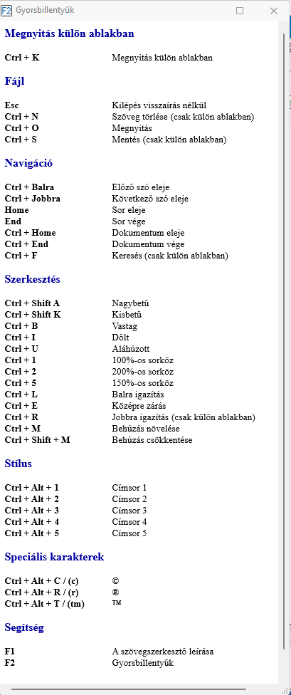 - A HTML szerkesztő gyorsbillentyűi kisablak -