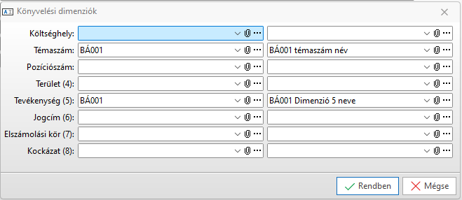 - Könyvelési dimenzió keresés párbeszédablak -