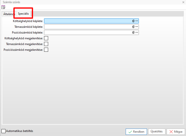 - Számla keresés szűrési feltételek Speciális fül -