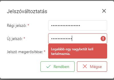 Új jelszót akarunk adni, de még nem tartalmaz nagybetűt a karaktersorozat, amit eddig megadtunk