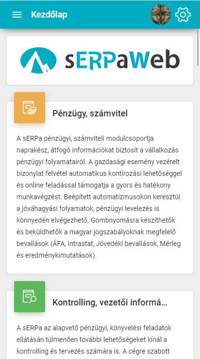 A Kezdőlap - oldalt a felhasználó saját maga által összeállított menüjével-  egy mobil képernyőről nézve