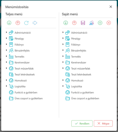 Menümódosítás ablak, melyben a Teljes menü és a Saját menü megegyezik