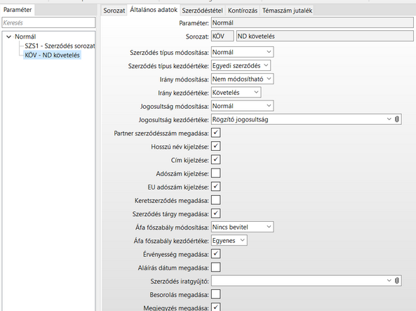 Szerződés paraméter beállítások