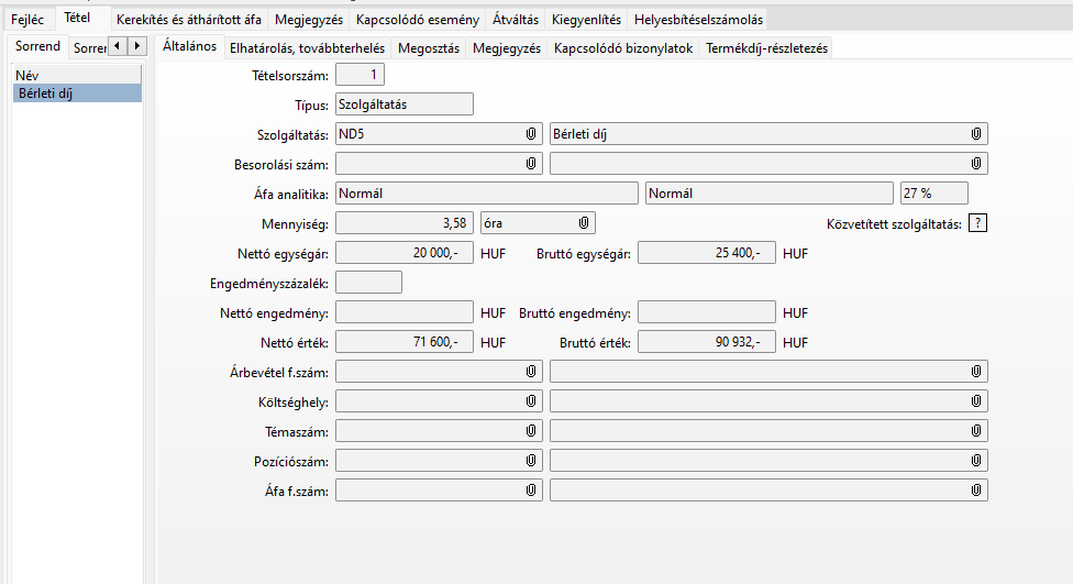 - Számlatétel az arányosított mennyiséggel  - 